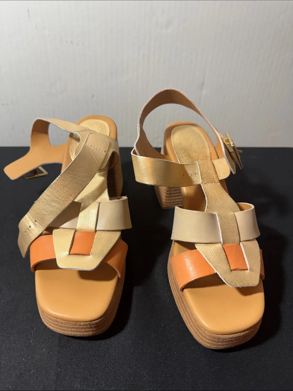 Kork-Ease Tan and Orange Platform Block Heel Sandals